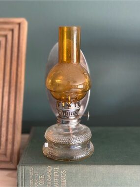 Vintage Amber Glass Oil Lamp with Clear Glass Base